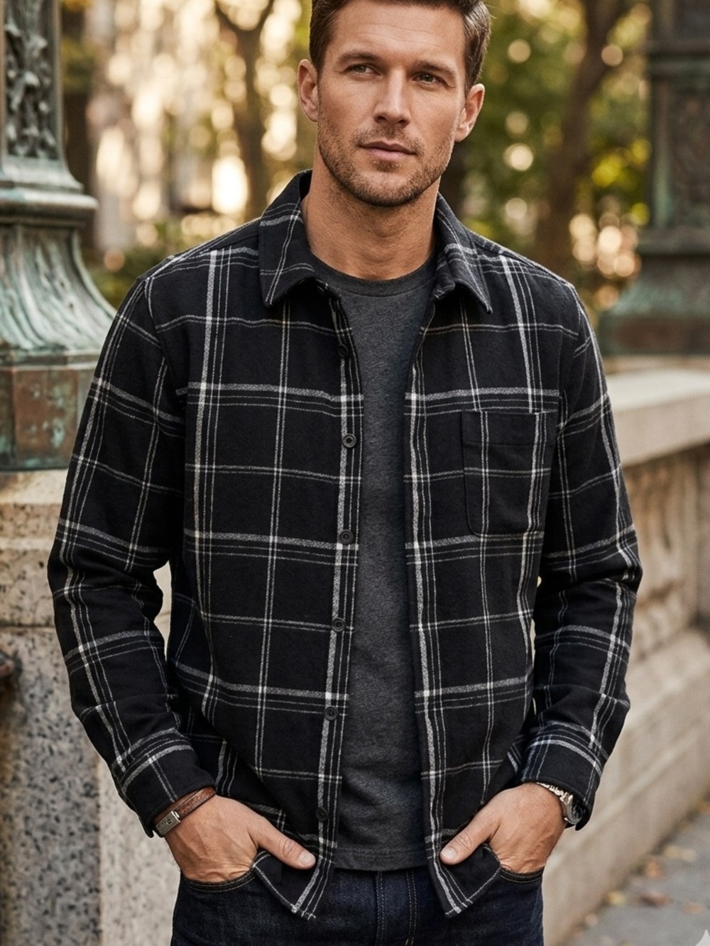 Express Black Plaid Button-Front Shirt Jacket